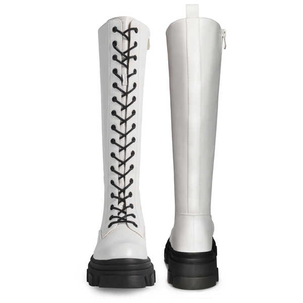 Lace Up Knee High Boots - WHITE PU - 3